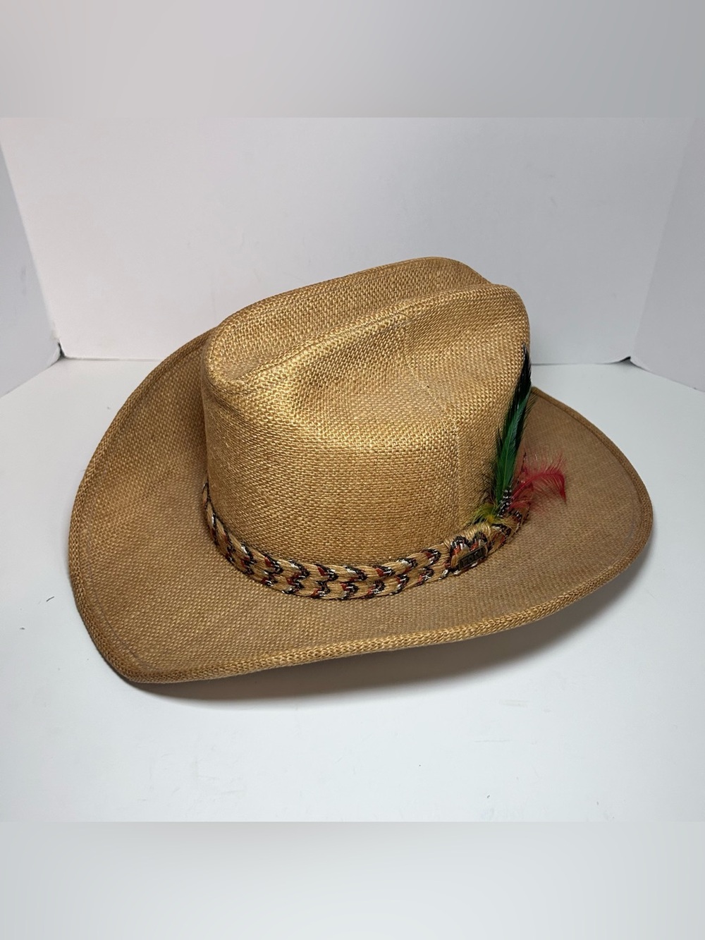Vintage London Fog Natural Fiber Summer Cowboy Hat Feathers X-Large Breathable
